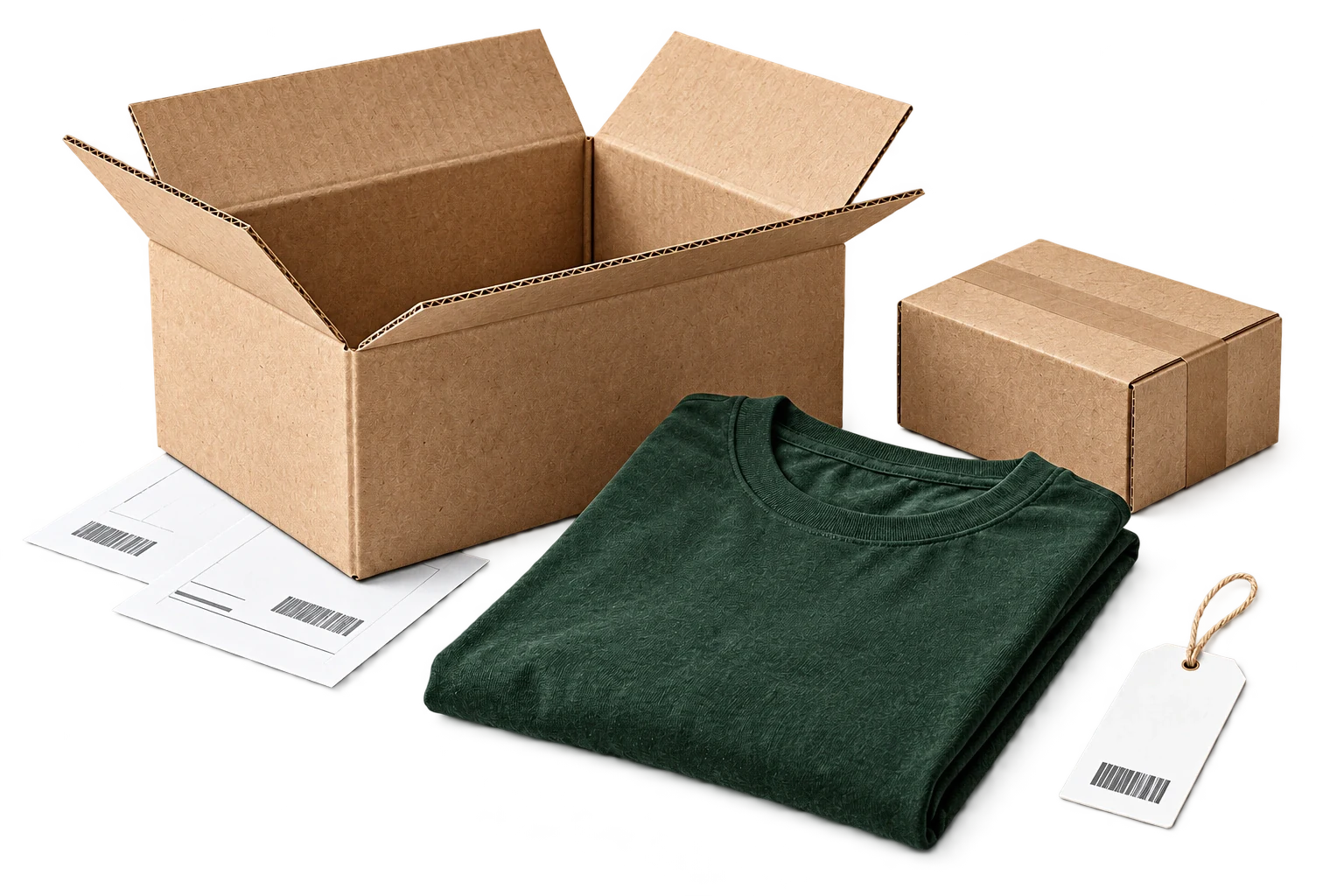 Футболка, коробки, документы и бирка на прозрачном фоне